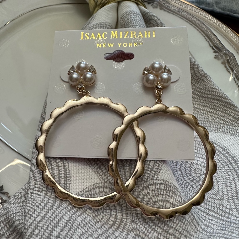 Isaac Mizrahi New York Gold Faux Pearl & Rhinestone Dangle Earrings‎ NWT